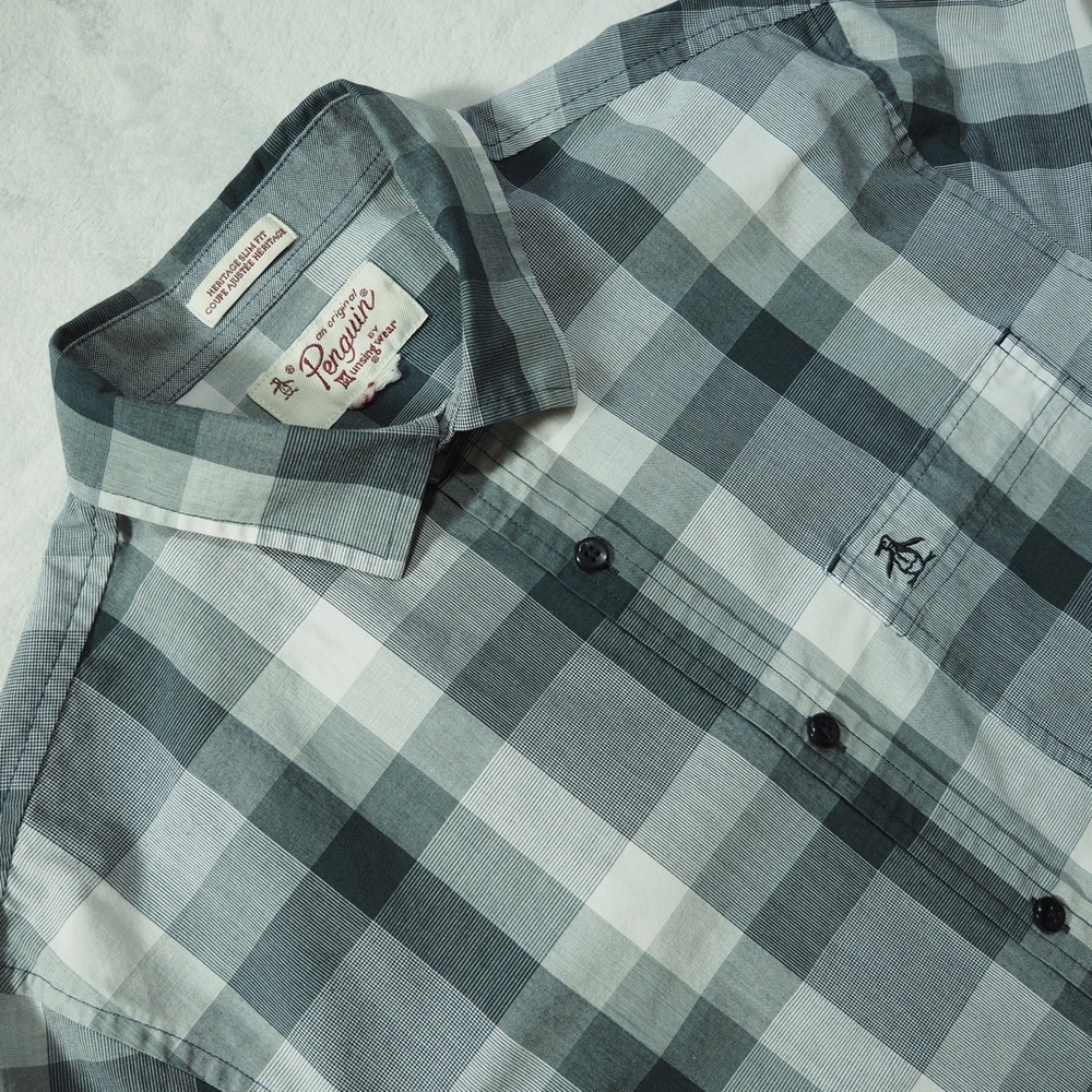 Original Penguin Sz L Heritage Slim Fit Men’s Gray & White Plaid Shirt